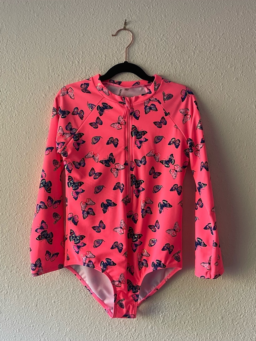 Kensie Girls Rash Guard Swimsuit 10 12 Neon Coral Pink Butterfly Long Sleeve UPF
